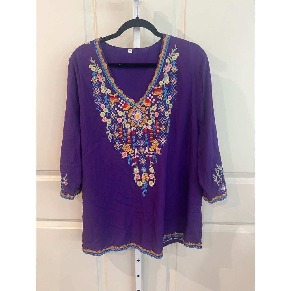 Purple Embroidered Boho Tunic Top V-Neck Floral 3/4 Sleeve Blouse Plus Size 2XL - Picture 2 of 7